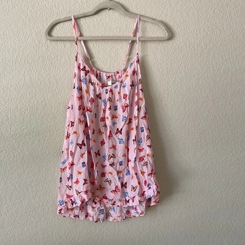 Kensie Camisole Top Scoop V Lounge Ruffle Tank Cottage Butterflies Pink